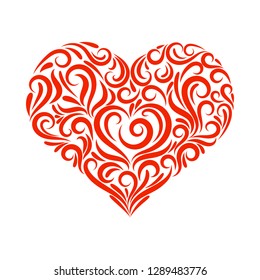 Vector illustration of red heart from ornament. Happy Valentine's Day. Elegant element for your design. Lace for wedding invitations, cards, valentines cards, tattoo. Vintage heart shape decor