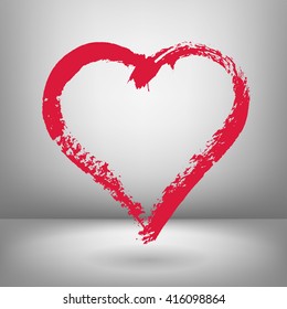 Vector illustration of red heart painted by brush. Grey background. Soft shadow,