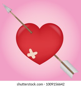 vector illustration of a red heart pierced by an arrow. medical band-aid on an old wound