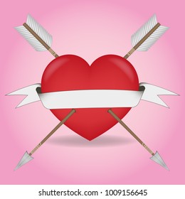 vector illustration of a red heart pierced by two arrows crosswise. ribbon label