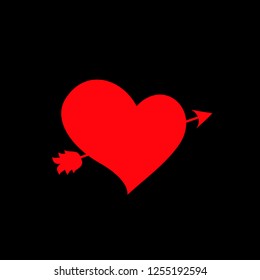 Vector illustration of red heart pierced with arrow on black background. Element of wedding icon for greeting card. Lovestruck marriage symbol in minimal flat style. Love symbol, sticker, clip art