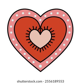 A vector illustration of a red heart with polka dots and a smaller central heart, outlined in black, isolated on a white background. Perfect for Valentine designs.