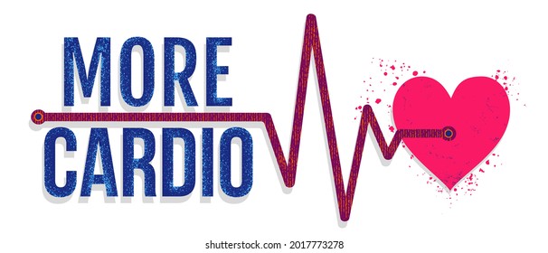 Vector illustration of a red heart with pulse and text of more cardio. Heart and pulse. Cardio heart for print on t-shirt.