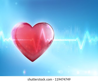 Vector illustration of red heart shape with electrocardiogram line on blue soft background