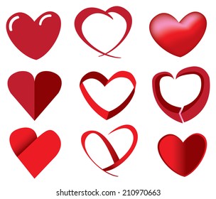 Vector illustration of red heart shape in different fun designs