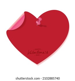 Vector illustration of red heart shaped sticker with pink push pin,valentine decoration design,empty space for text,isolated on white background,Invitation,Celebration,Happy Valentine's day,Concept.