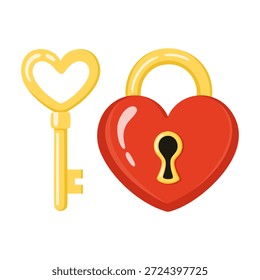 Vektorgrafik eines roten herzförmigen Vorhängeschlosses und eines goldenen Herzschlüssels. Romantisches Set zum Valentinstag und Hochzeitsdesigns. Flaches Symbol, das Liebe, Sicherheit, Engagement und Partnerschaft repräsentiert.