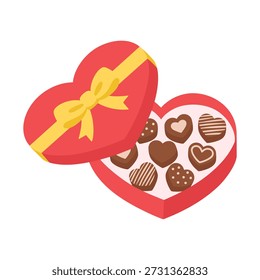 Vektorgrafik einer roten herzförmigen Schokoladenkiste mit einer gelben Schleife. Geöffnete Geschenkbox mit verschiedenen herzförmigen Schokoladenbonbons zum Valentinstag, Muttertag und romantischen Überraschungen.