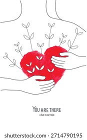 Ilustración vectorial de corazón rojo con brotes como signo de amor. Perdón, abre tu corazón, crea amor, haz buenas obras, buena energía y karma. Feliz San Valentín.