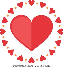 Vector illustration of a red heart surrounded by smaller hearts and dots in a circular pattern, symbolizing love, unity, and celebration