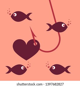 Vector illustration of red heart symbol on fishing hook. Idea - Love and relationships, Valentines day