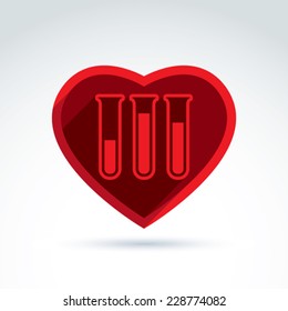 Vector illustration of a red heart symbol and test tube with a blood sample. Medical cardiology label, blood donation symbol.