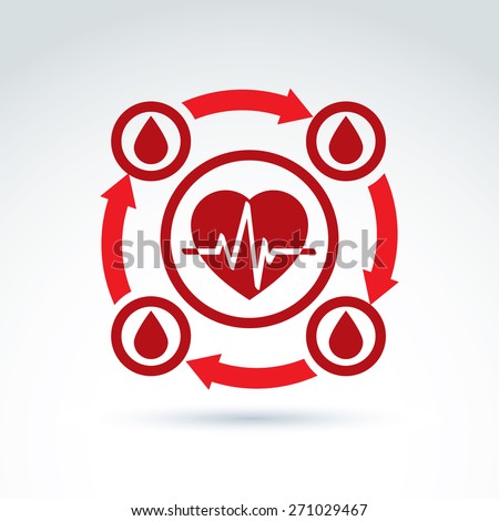 Vector illustration of a red heart symbol with an ecg placed in a circle, heartbeat line, medical cardiology label. Blood donation symbol, circulatory system icon.