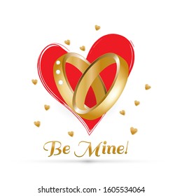 Vector illustration. Red heart with wedding rings on white background.  Red heart with lettering Be Mine! Decoration with glitter effect.
