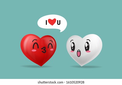 Vector illustration of red  heart and white heart. Character design for Valentine's Day greetings and card, web, banner 