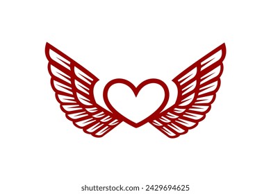 Vector illustration of red heart with wings on white background