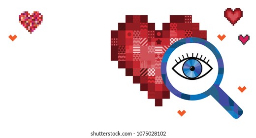 vector illustration of red hearts and magnifier with eye for love searching in internet visuals