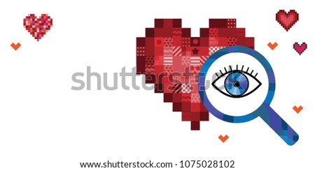 vector illustration of red hearts and magnifier with eye for love searching in internet visuals