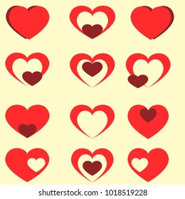 Vector illustration.Set of red hearts on a yellow background. Valentine's Day.