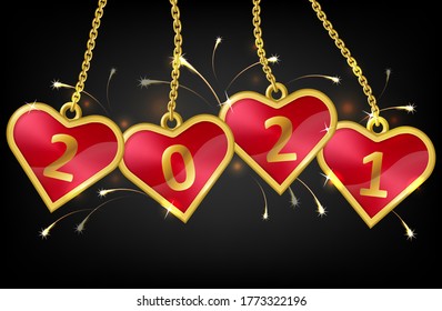 Vector illustration of red hearts on chain with number 2021 isolated on black background. Hanging еags in shiny golden framed. New year 2021 badges with firework typography concept. Happy NYE design.