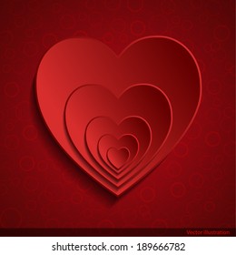 Vector illustration of red hearts on a red background. Symbol of love.