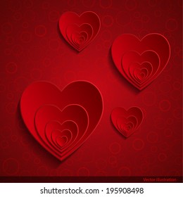 Vector illustration of red hearts on a red background. Symbol of love.