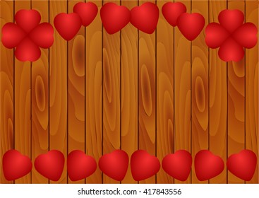 Vector illustration red hearts on a realistic wooden background of Brown boards.