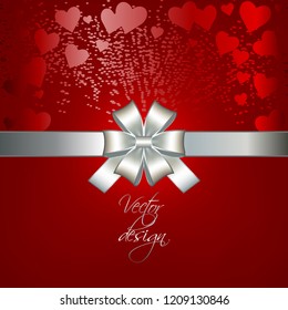Vector illustration of Red hearts with rays and silver bow with ribbon on a red background