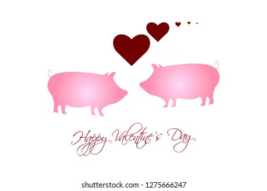 Vector illustration of Red hearts and two pigs in love on a white background. Happy Valentine's Day