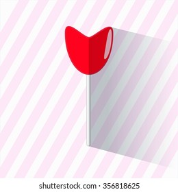 Vector illustration of a red heart-shaped lollipop with long shadow on striped background