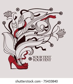 vector illustration of a red heel with abstract  plants and leaves