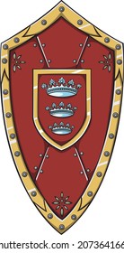 Ilustración vectorial del escudo heráldico rojo con blazón de la corona.