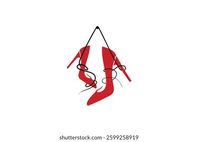 Vector illustration of red high heel shoe logo design with hanging concept