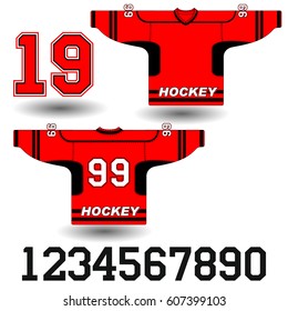 Vector Illustration Of A Red Hockey Jersey With Yellow Accents And Number 99