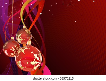 Vector illustration of red Holiday card with christmas balls on the abstract lines background