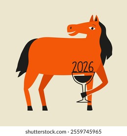 Vector illustration with red horse with wine or any alcohol glass and 2026 number. New Year celebration 2026 print design with farm animal, greeting card template