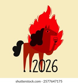 Vector illustration with red horse with wine or any alcohol glass and flame. New Year celebration 2026 print design with farm animal, greeting card template, party advertise poster