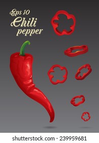 Vector illustration. Red hot chili peppers isolated on dark background. Natural organic food. Vegetables and spice