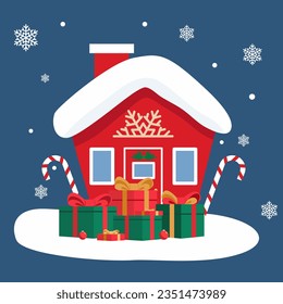 Vector illustration of a red house with festive decorations, gift boxes and sweet candies on the sides.