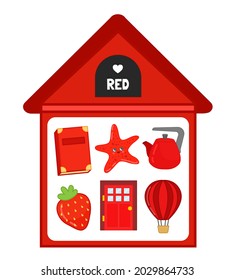 Vector illustration of a red house . Learning colors for children. The image of objects in red - a book, starfish, teapot, strawberry, door, balloon.

