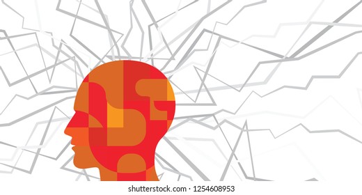 vector illustration of red human head and cracked lines around for migraine or headache visualization