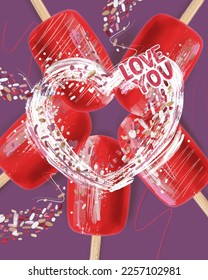 Vector illustration with the red ice cream Love you on the Valentine's day for cards, wallpaper, posters. On the isolated purple background.