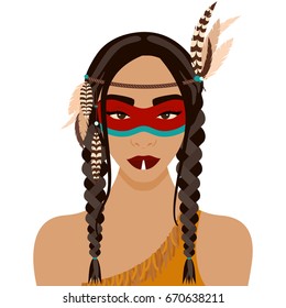 Vector illustration of red indian girl with pigtail, feather and wreath in flat style. Website avatar or fashion girl symbol.