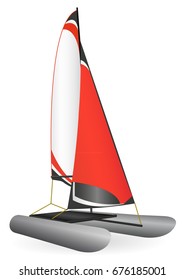 Vector illustration of a red inflatable sailing catamaran.