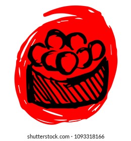 Vector Illustration Red Ink Painting of Japan Sushi. Flat, Icon, Outline, Silhouette, Sign, Logo, Symbol, Object, Graphic Design, Background, Element, Illustration for Print.