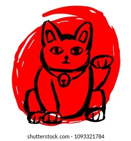 Vector Illustration Red Ink Painting of Japan Cat Lucky Charm. Flat, Icon, Outline, Silhouette, Sign, Logo, Symbol, Object, Graphic Design, Background, Element, Illustration for Print.
