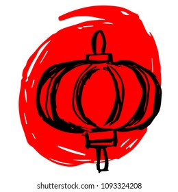 Vector Illustration Red Ink Painting of Japan Lantern Light. Flat, Icon, Outline, Silhouette, Sign, Logo, Symbol, Object, Graphic Design, Background, Element, Illustration for Print.