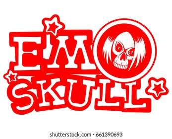Vector illustration red inscription emo skull with stars on white background and skull with hair. Design for print on t-shirt.