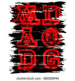 Vector illustration red inscription mad dog with head dog on grunge background. For t-shirt design.