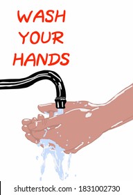 Vector illustration of Red Inscription Wash your hands. Person washes hands with tap water. Wash / washing hands to keep clean flat illustration icon for websites and print. 